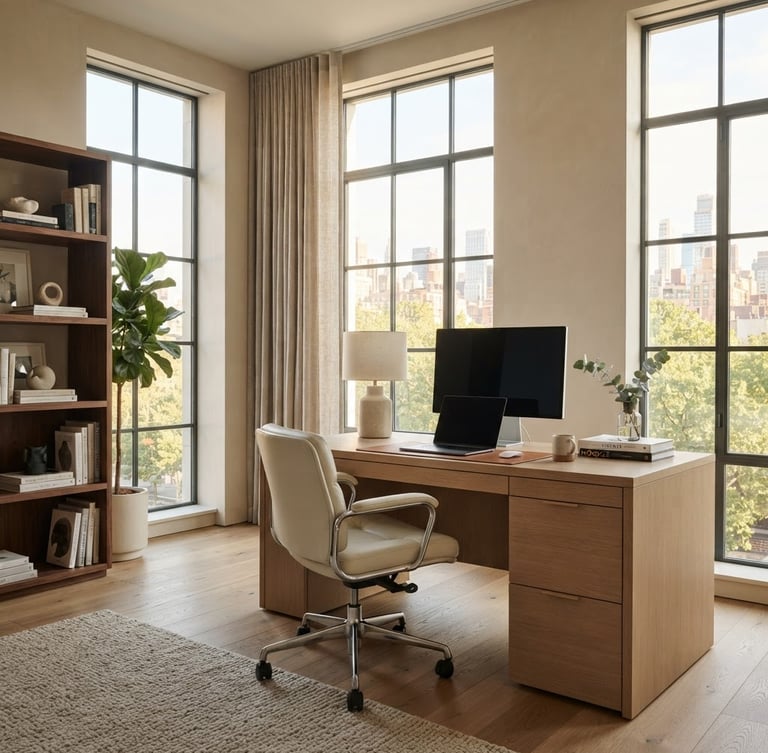 Bright editorial interior photography of a modern high-end apartment workspace, sunlit desk with ergonomic chair, large windows, warm neutral tones, wide-angle lens.