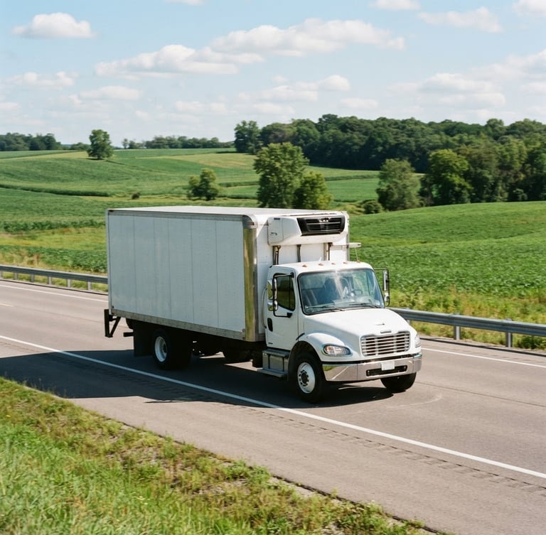 A clean, modern refrigerated delivery truck with subtle branding, driving on a scenic Midwest highway during bright natural daylight, sharp focus 35mm photography