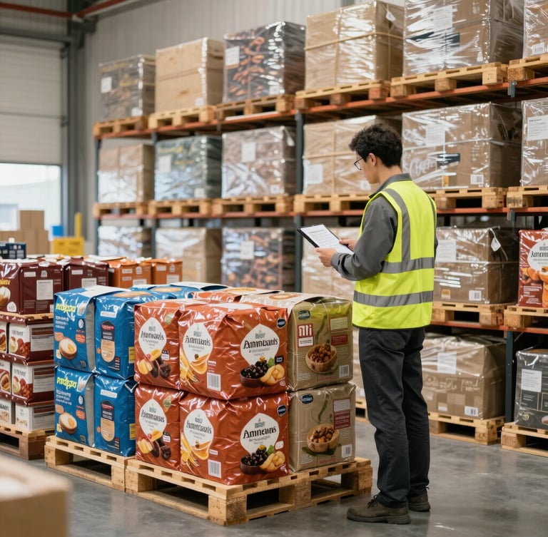 A clean, bright warehouse interior with organized pallets of specialty goods, a warehouse manager in a high-visibility vest inspects a temperature log, professional 35mm photography.