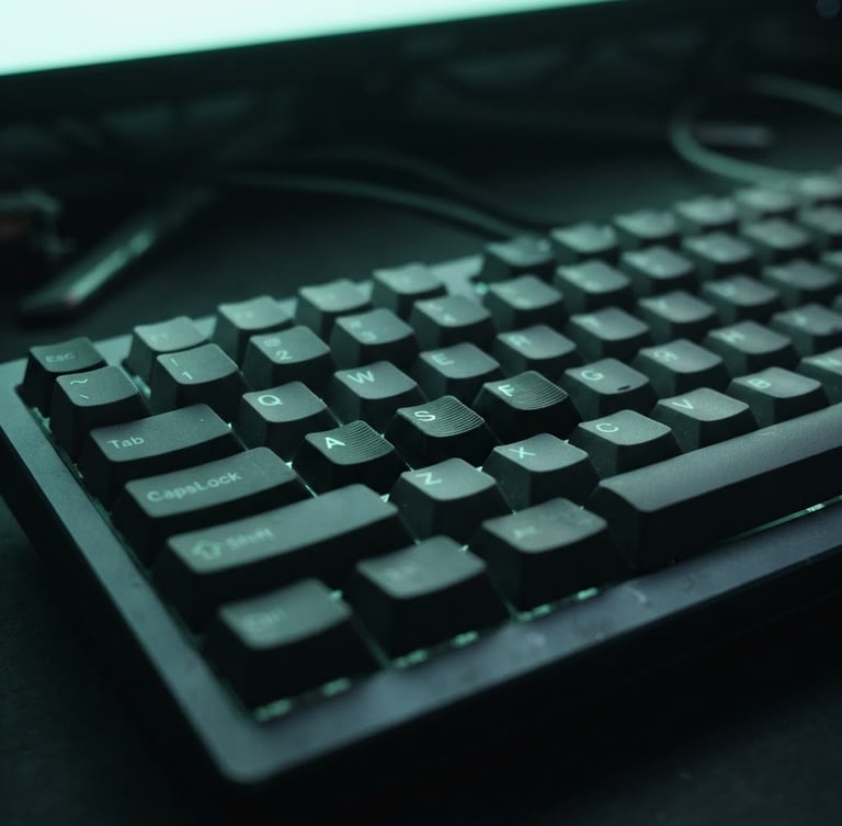 Tight macro shot of a mechanical keyboard under moody neon-mint screen glow, deep slate background, shallow depth of field