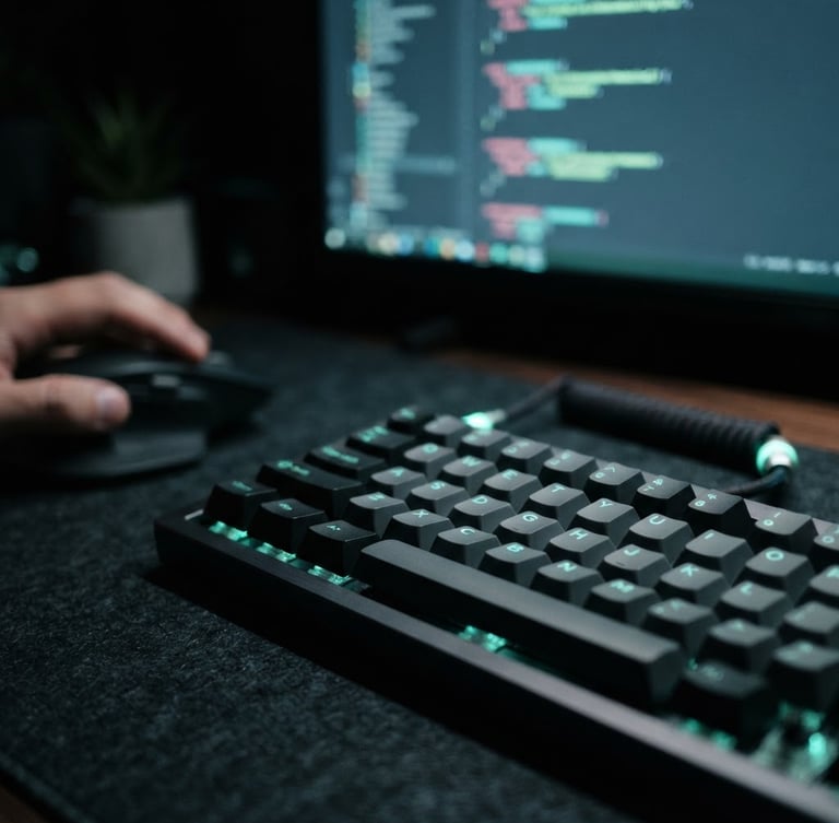 Macro shot of physical developer workspace with mechanical keyboard, soft screen-glow lighting, deep slate and neon mint tones, shallow depth of field