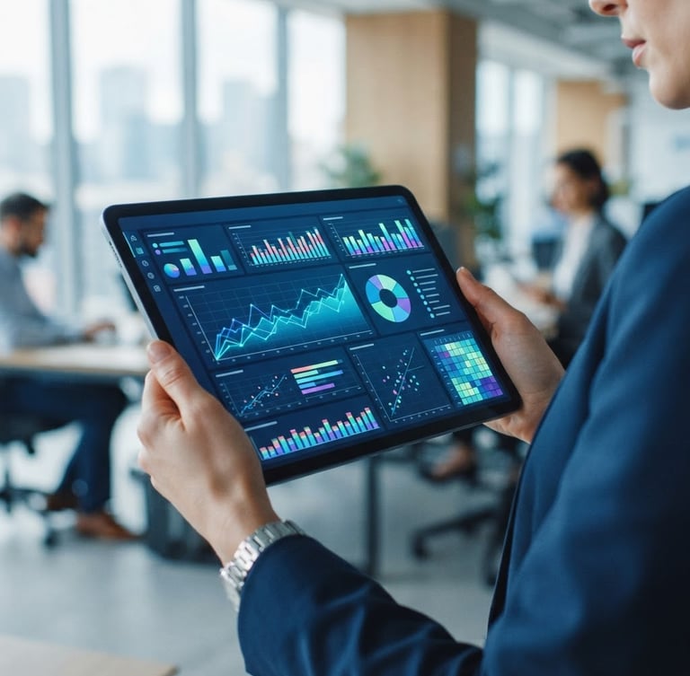 Close-up of a tablet showing a data analytics dashboard with charts and graphs, held by a professional in a modern office, bright natural light, cool tones, sharp focus, 35mm