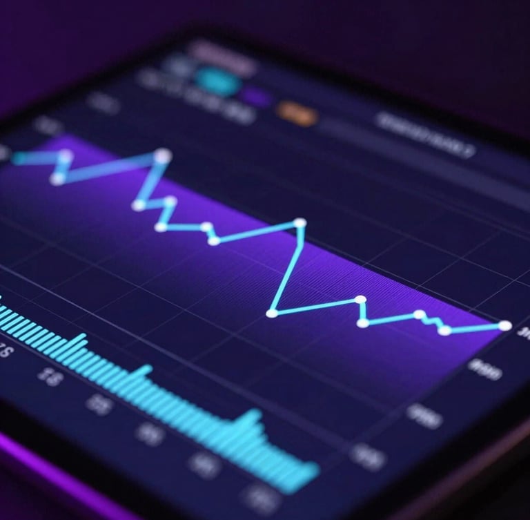 Extreme close-up of a high-resolution Android tablet displaying real-time memory allocation graphs, neon violet and cyan glowing lines, low-key dark studio environment.