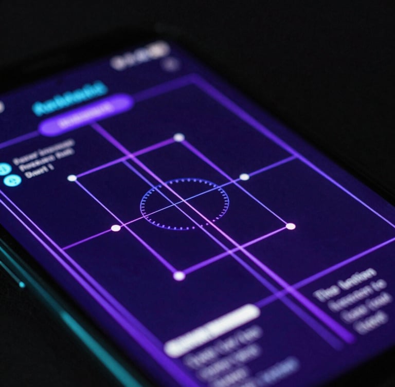 Extreme macro close-up of a high-resolution Android mobile screen displaying a complex neon-violet vector schematic interface, dark ambient studio lighting with electric cyan rim lights, shallow depth of field