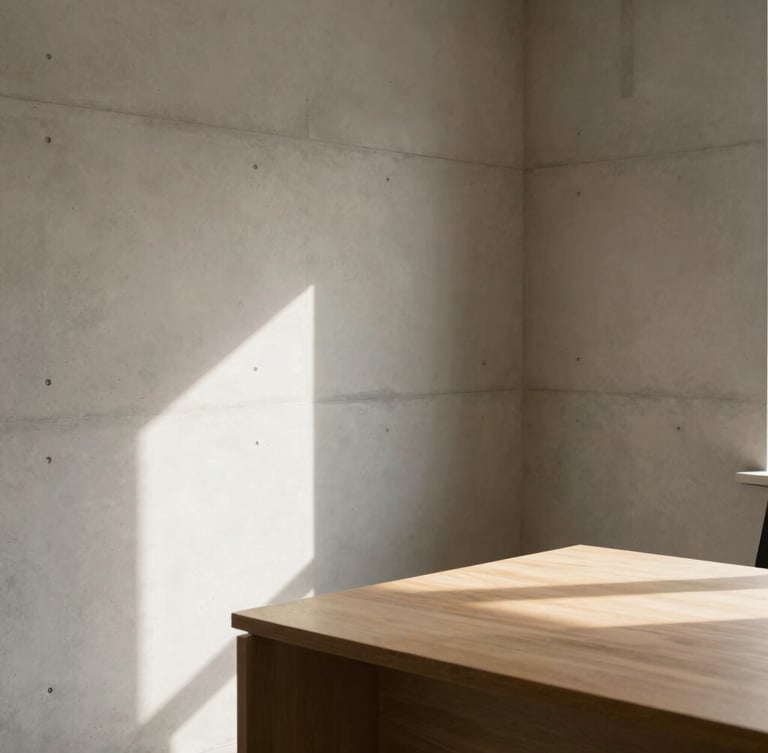 Minimalist architectural crop of a clean concrete office corner, soft natural north-facing daylight casting sharp geometric shadows on a warm timber desk, 35mm