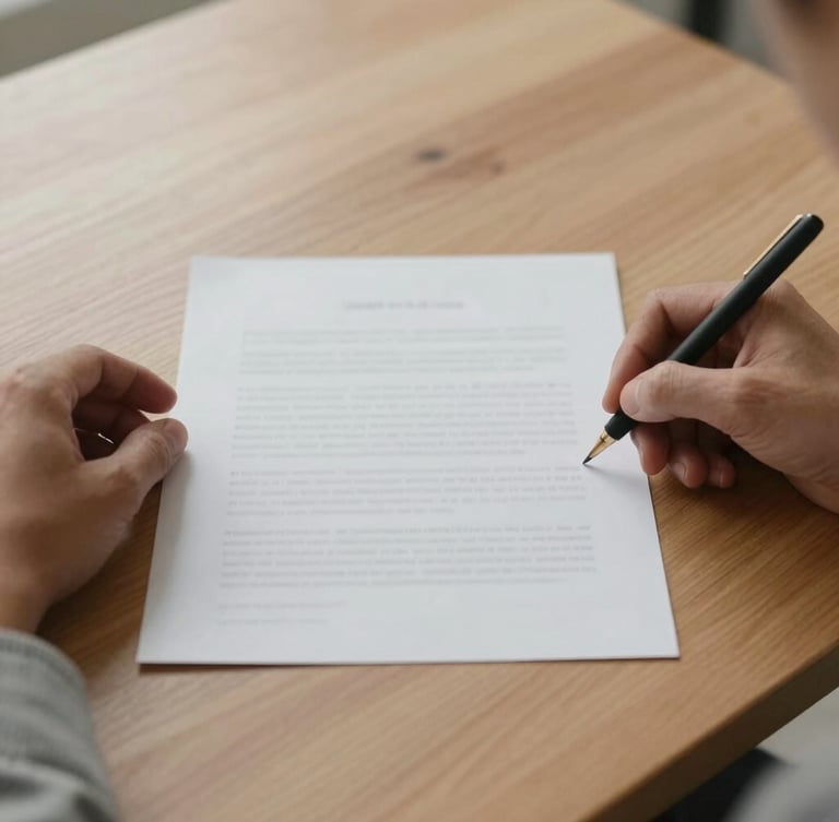 Close-up of hands signing a clean, single-page document on a textured oak table, soft north-facing daylight, minimalist architectural composition