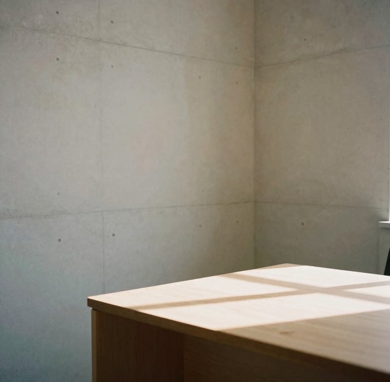 Minimalist architectural crop of a clean concrete office corner, soft indirect daylight casting geometric shadows on a warm timber desk, 35mm photography