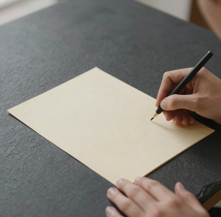 Close-up of hands signing a clean cream-colored document on a dark slate table, soft indirect daylight, minimalist architectural crop, 35mm