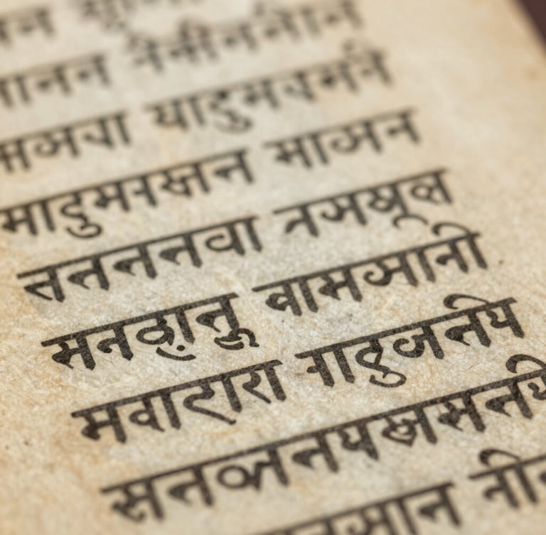 Macro shot of ancient Sanskrit manuscript on aged birch bark, detailed devanagari script, soft natural archival library light, muted parchment tones, shallow depth of field