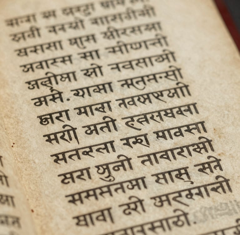 Close-up of an ancient Sanskrit palm-leaf manuscript, detailed texture of aged parchment, soft diffused library light, archival editorial photography, 35mm