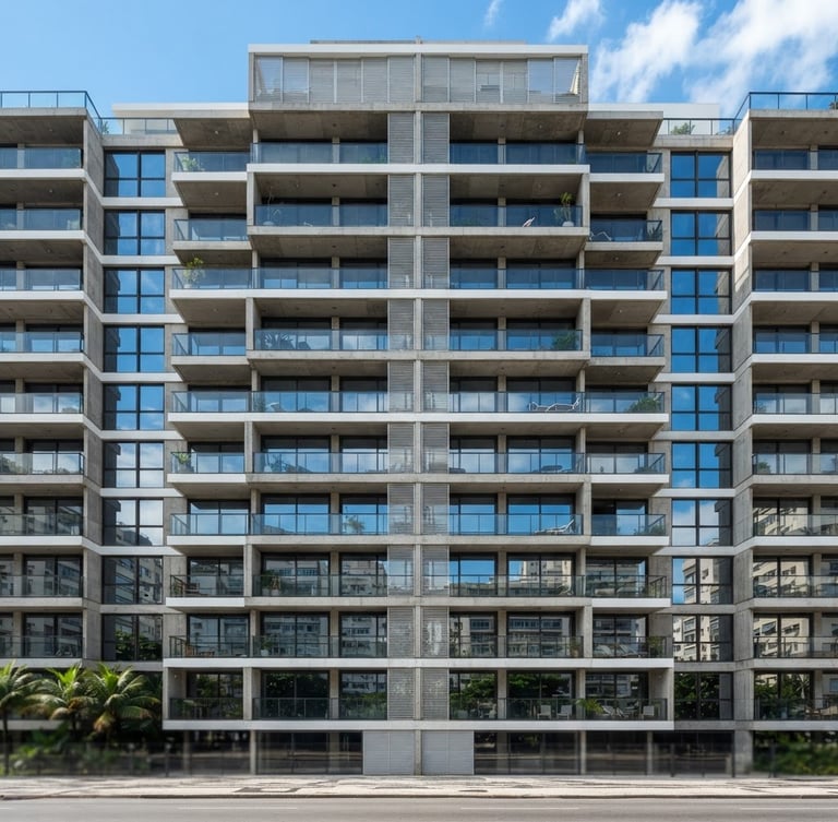 Straight-on architectural photography of a modern building facade in Rio de Janeiro, bright natural daylight, crisp depth of field, blue sky reflection
