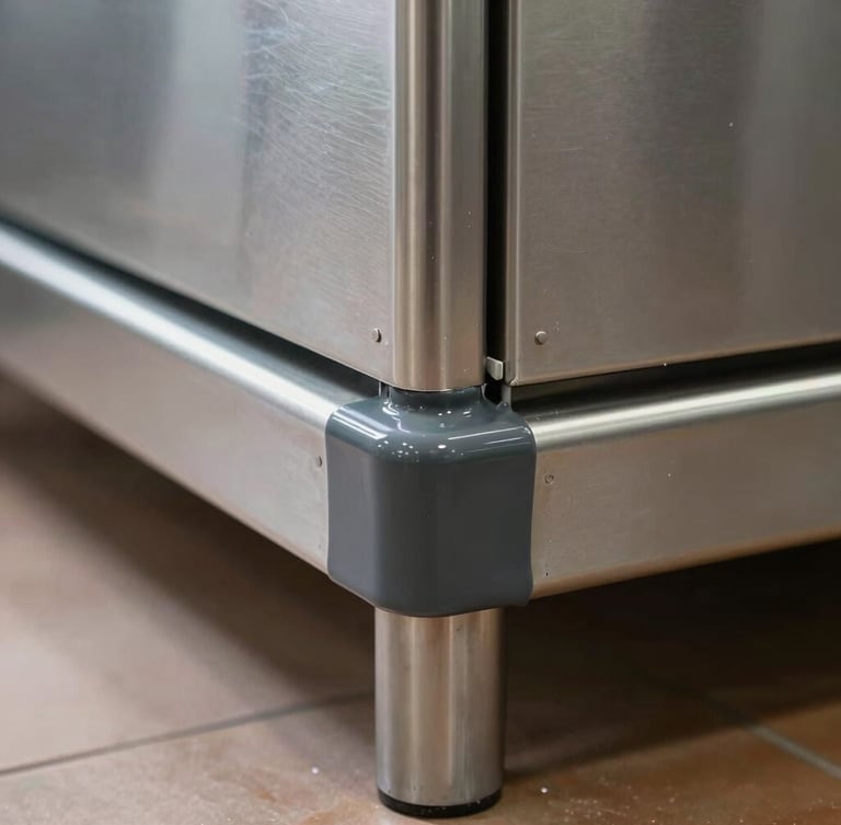 Macro detail of perfectly sealed dark grey epoxy transition meeting stainless steel baseboards in a commercial kitchen, bright even architectural lighting.