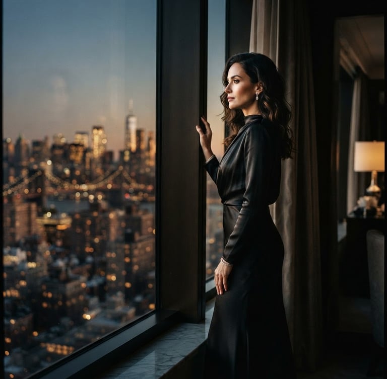 Editorial portrait of a woman in a high-fashion black silk dress looking out a luxury suite window at a dimly lit city skyline, warm golden hour tones, rich cinematic lighting, 35mm film style