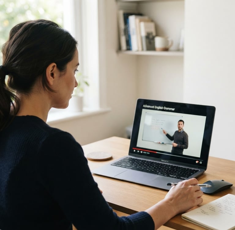 Over-the-shoulder shot of a focused adult professional in a naturally-lit home office, watching an English video lesson on a sleek laptop, clean neutral background, 35mm lens.