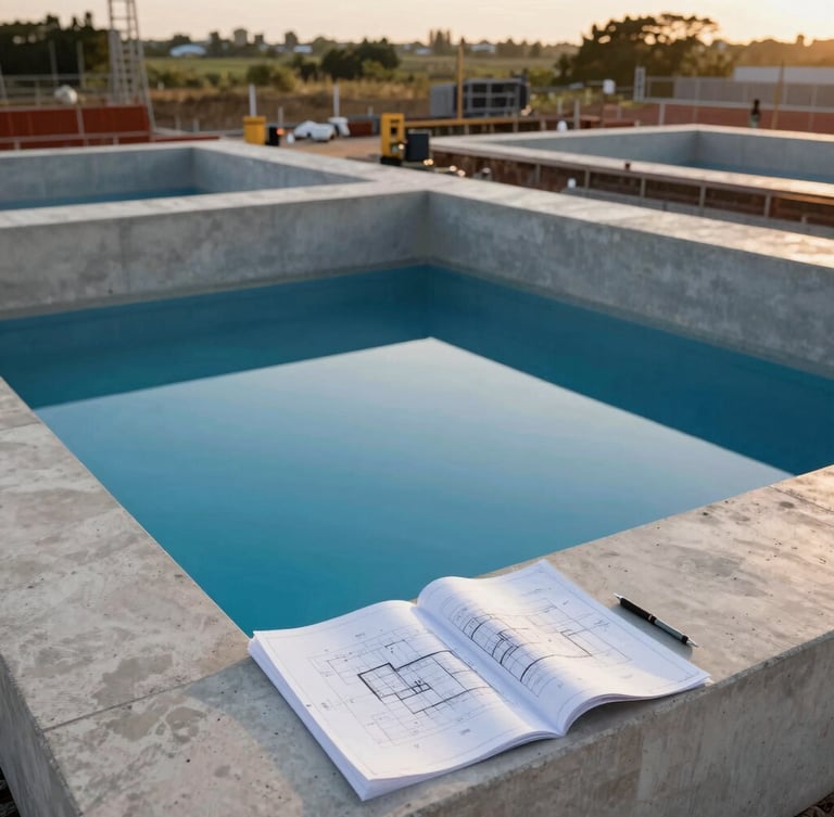 Visão aérea de canteiro de obras de piscina de concreto em construção, com engenheiros revisando plantas, foco no rigor técnico e materiais premium, luz natural suave, 35mm, editorial.
