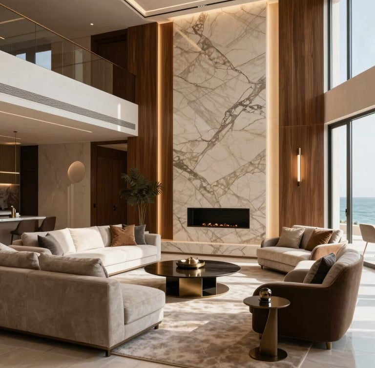 Luxury modern living room in Jeddah, high-contrast warm lighting, wood paneling and marble alternative wall backdrop, elegant furniture, architectural wide-angle lens, 35mm