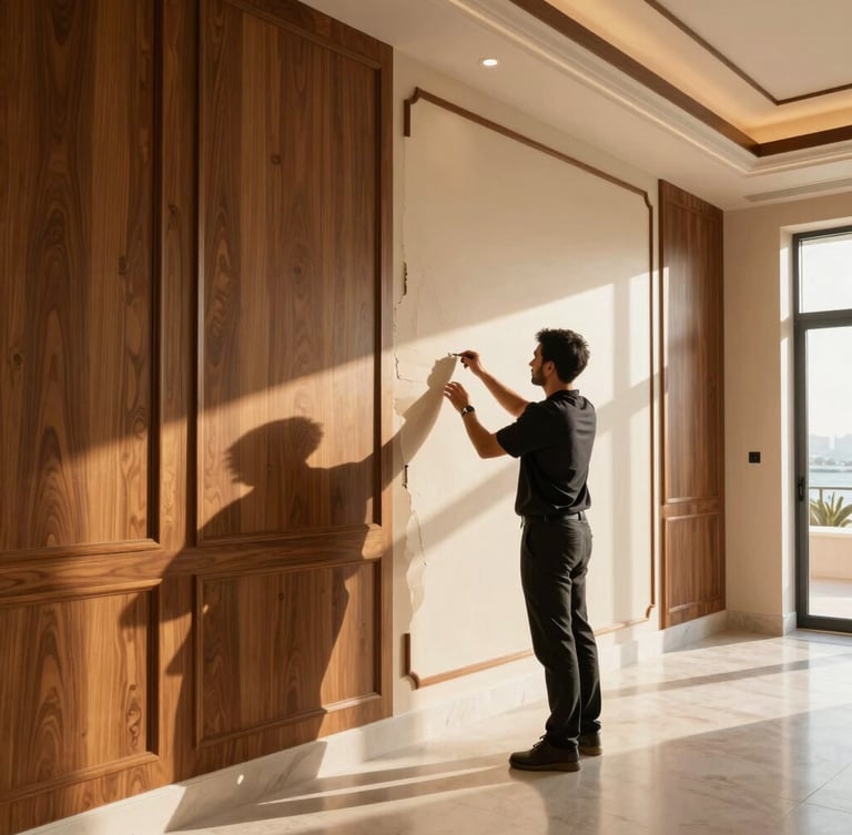 Professional interior designer inspecting a freshly painted luxury salon wall with elegant wood panels in Jeddah, warm coastal sunlight streaming in