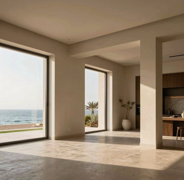 Luxury modern villa interior in Jeddah, flawless crisp paint edges, warm coastal sunlight, architectural photography