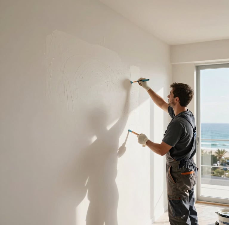 Professional craftsman in clean uniform carefully applying moisture-resistant white primer to a smooth interior wall, bright daylight, sharp focus on texture