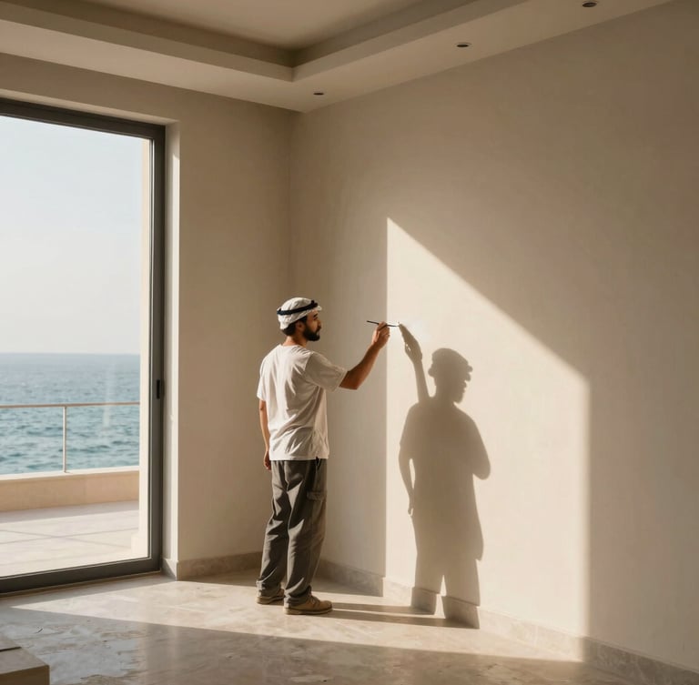 luxury residential interior in Jeddah, professional painter meticulously finishing a wall corner, warm sunlight, 35mm