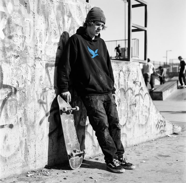 Low-angle 35mm film shot of a skater wearing a heavy black oversized hoodie leaning against a concrete wall, harsh midday shadows, raw street photography