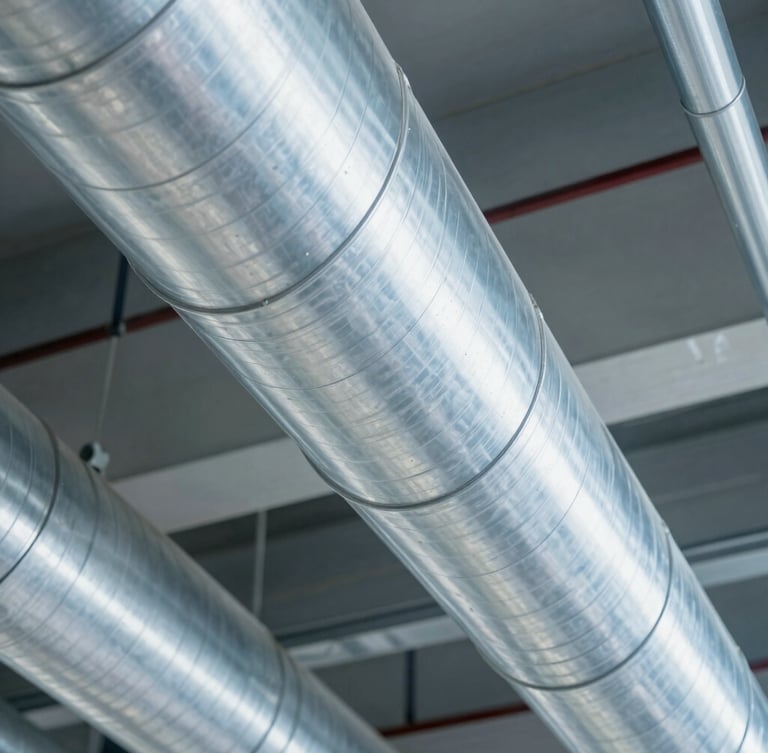 Sharp commercial photography of an immaculate metallic duct interior, bright cool-toned technical lighting, clean steel surfaces showing zero dust, 35mm lens.