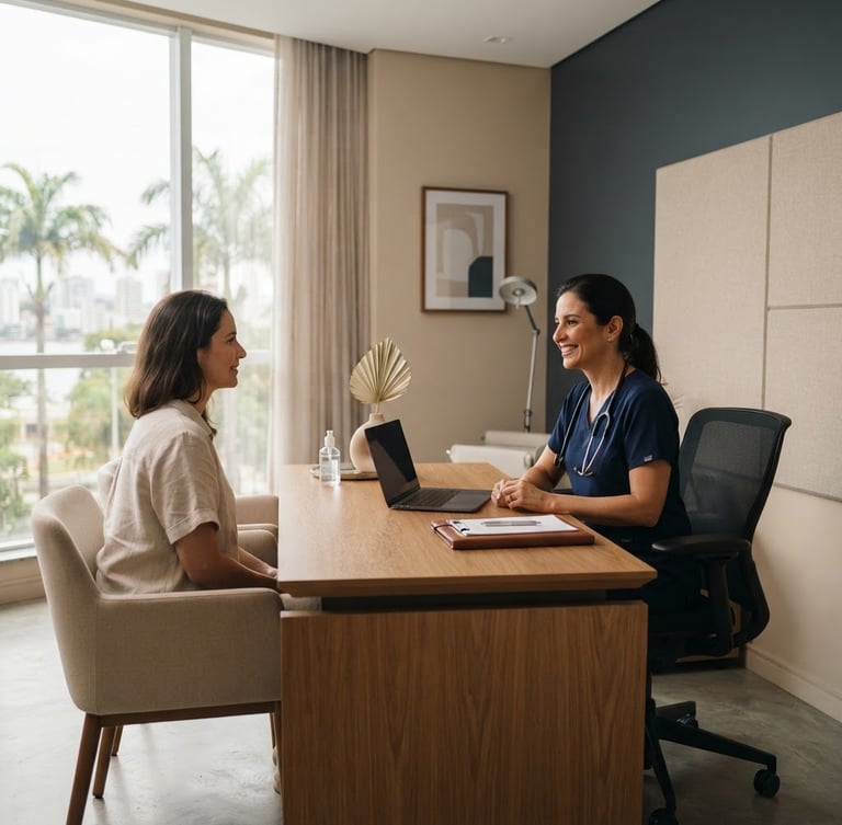 Minimalist medical consulting room in Vitória, soft morning light filtering through large windows, clean lines, warm beige and deep slate accents, professional clinical atmosphere, high-end aesthetic