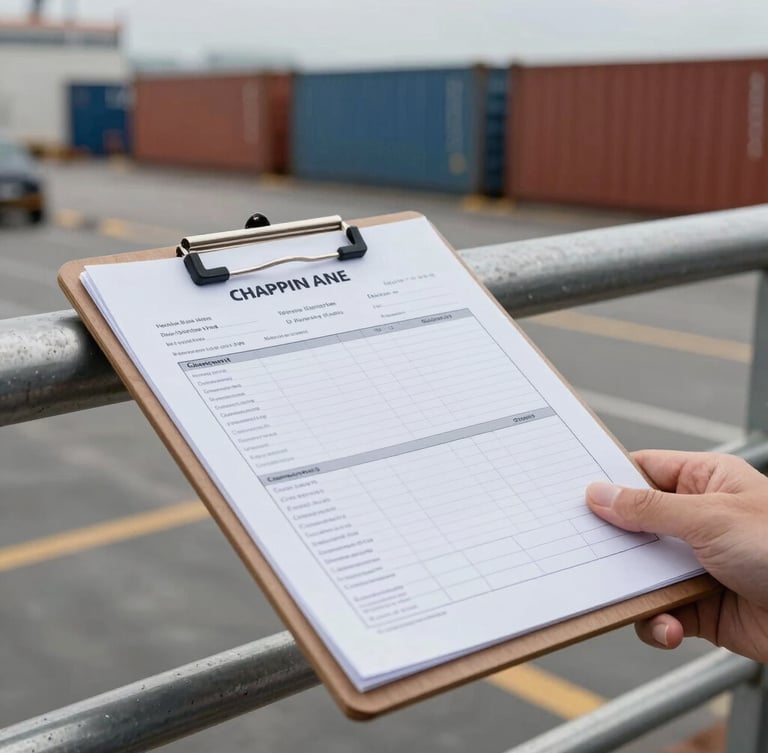 Detailed close-up of a physical maritime shipping manifest clipboard resting on a steel dock railing, cargo containers blurred in the background under overcast daylight.
