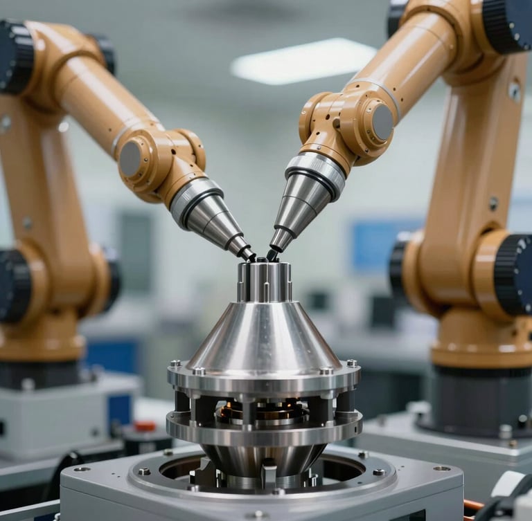 Close-up macro of robotic arms assembling a machined metal thruster nozzle on a cleanroom production line, sharp focus, technical lighting with soft blue accents.