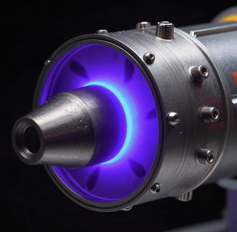 Extreme macro detail of a Hall-effect thruster nozzle during active xenon plasma testing, deep space-black background, luminescent blue-purple glow, high-contrast technical studio lighting.