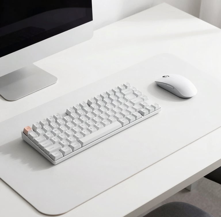 A sleek modern desk setup with a mechanical keyboard, wireless mouse, and minimal desk mat, bright natural light, crisp studio focus, high-key product photography