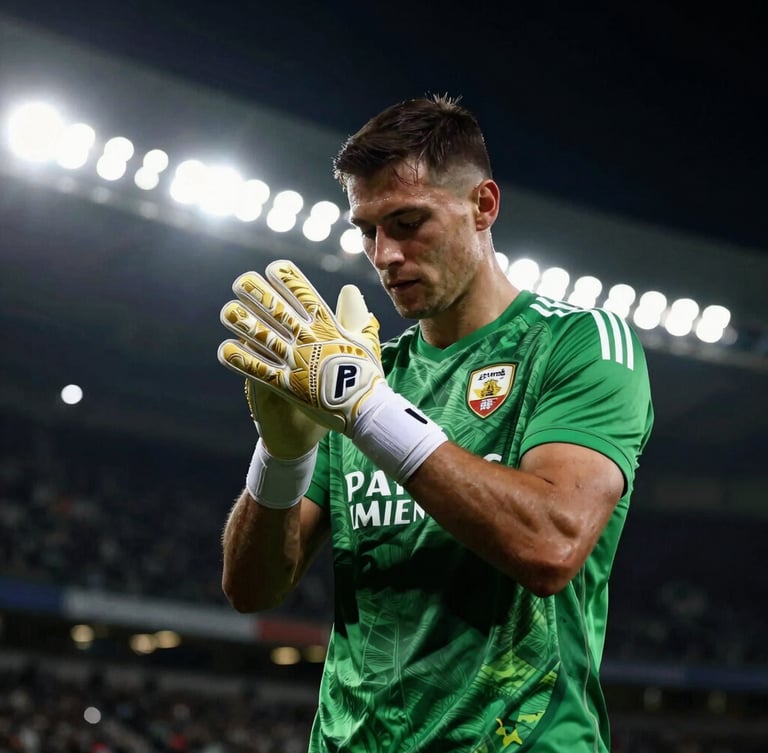 Goalkeeper adjusting gloves in high-contrast stadium lighting, deep shadows, dramatic rim light, 35mm
