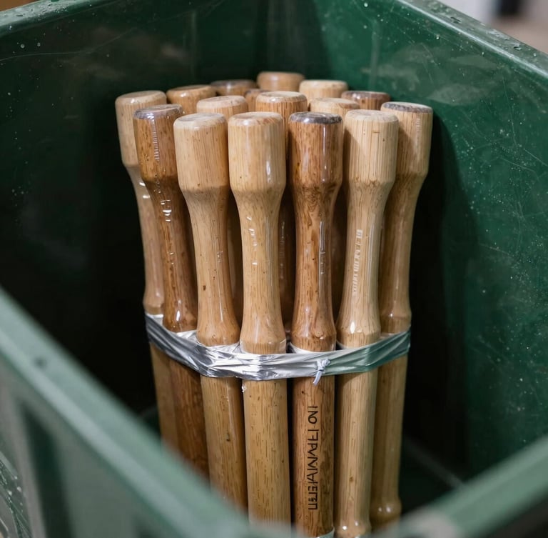 Macro shot of tightly bound bundles of finished wooden handles wrapped in protective moisture-barrier film inside a shipping container, dramatic workshop lighting, 50mm