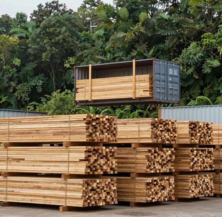 Wide-angle industrial daylight photo of a shipping container being loaded at a timber yard, stacked uniform bundles of wood visible, 50mm