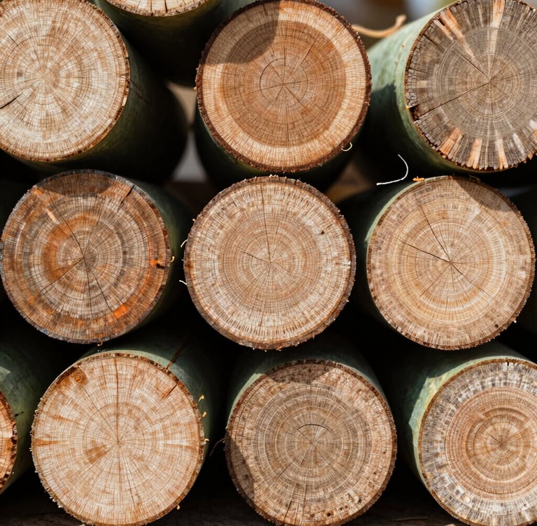 Macro photographic study of uniform, stacked eucalyptus wood cores under high-contrast industrial daylight, displaying fine grain and precise circular cross-sections, 50mm documentary style.