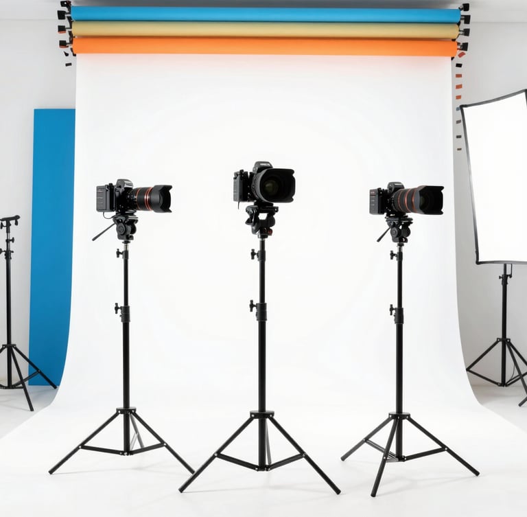 Bright high-key commercial photography studio flooded with Florida daylight, professional camera rigs on heavy-duty C-stands, clean white background, electric blue accents, 50mm lens shot.