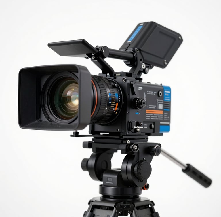A close-up of a high-end cinema camera rig on a tripod, clean studio strobes reflecting off the lens glass, bright daylight filling a white studio background