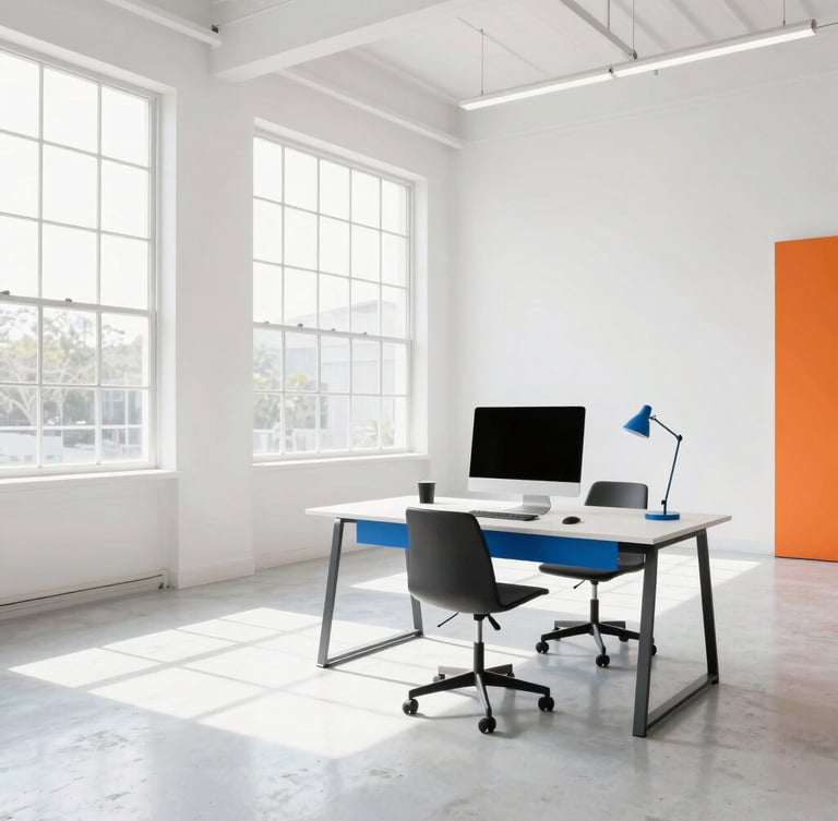 A bright, modern creative studio workspace in St. Petersburg, Florida, high ceilings, large industrial windows with soft daylight streaming in, clean white concrete floors, a sleek editing desk with a monitor to the side.