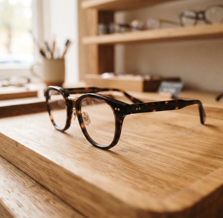 Close-up of high-quality glasses frames on a clean wooden tray, soft natural daylight, warm neutral tones, shallow depth of field