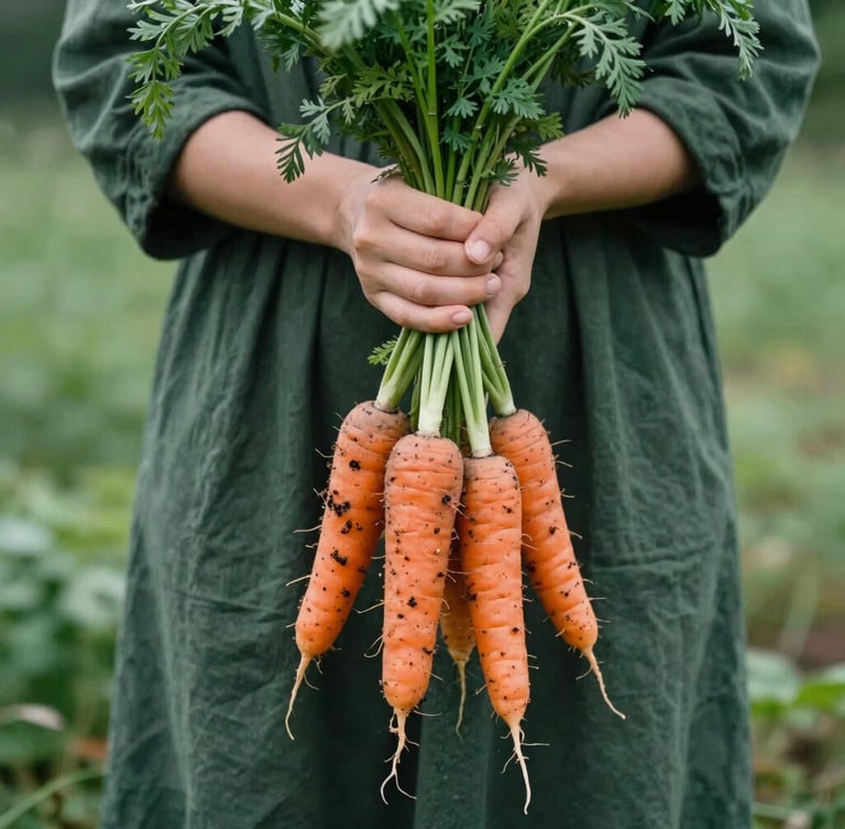 Hands holding a bundle of freshly harvested organic carrots with soil still on them, soft natural daylight, matte forest green tones, 35mm film look