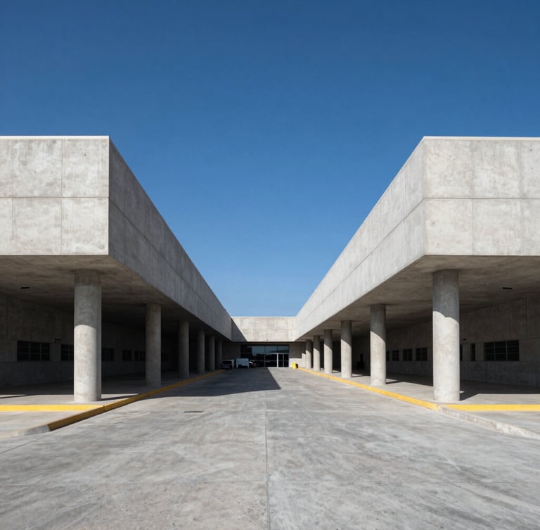 Symmetrical architectural shot of a modern customs and logistics terminal in Mexicali, clean concrete lines, sharp daylight, deep blue sky, professional corporate aesthetic.