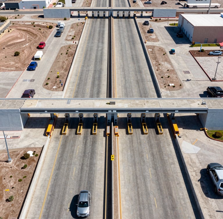 Symmetrical high-altitude aerial view of a structured border customs port of entry in Mexicali, sharp daylight, clean concrete lanes, geometric architecture.