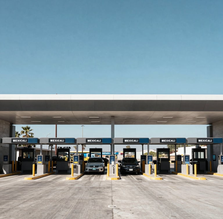 Symmetrical wide shot of a modern customs checkpoint at the Mexicali border, clean architectural lines, sharp high-contrast daylight, no people.