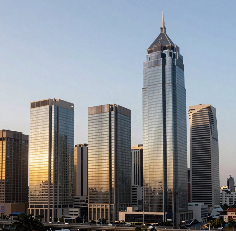Wide-angle architectural crop of the Lekki business district skyline at golden hour, clean geometric lines, warm natural West African sunlight reflecting off corporate glass facades.