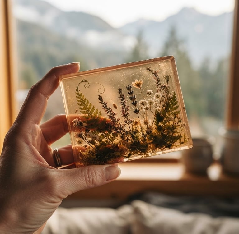 Macro close-up of a hand holding a polished resin memorial block against soft mountain window light, capturing delicate suspended botanicals and a faint warm amber glow, shallow depth of field, 35mm