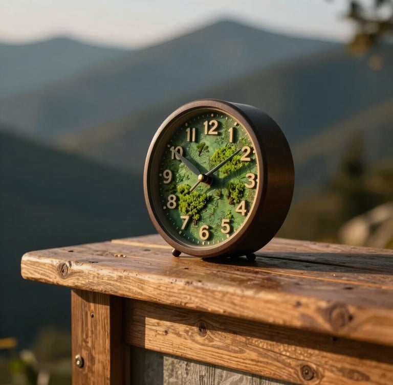 A finished resin memorial clock resting on a rustic timber mantle, casting long soft shadows in the golden hour mountain light, moody editorial photography