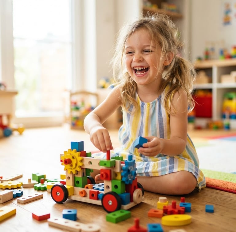 Eye-level shot of a young child laughing while assembling a colorful wooden STEM kit on a sunlit floor, bright playful photography, shallow depth of field
