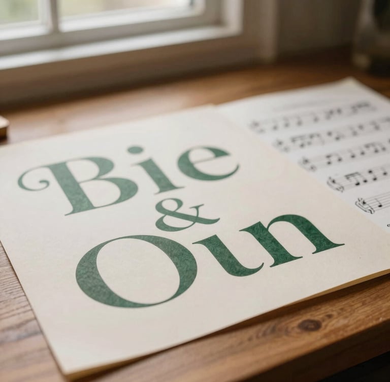 Close-up of elegant typography specimens resting on a wooden desk next to sheet music, soft natural window light, warm cream tones