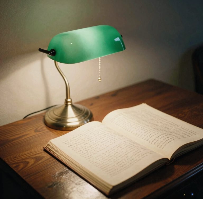 A vintage green lamp illuminating a handwritten manuscript on a dark wooden desk, soft shadows, warm nostalgic atmosphere, 35mm film.