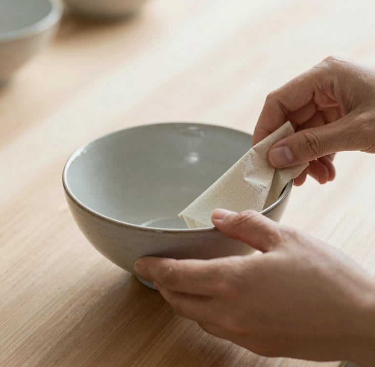 Close-up of hands carefully wrapping a ceramic bowl in textured paper, soft diffused morning light, shallow depth of field, natural wood surface, focus on tactile honesty.